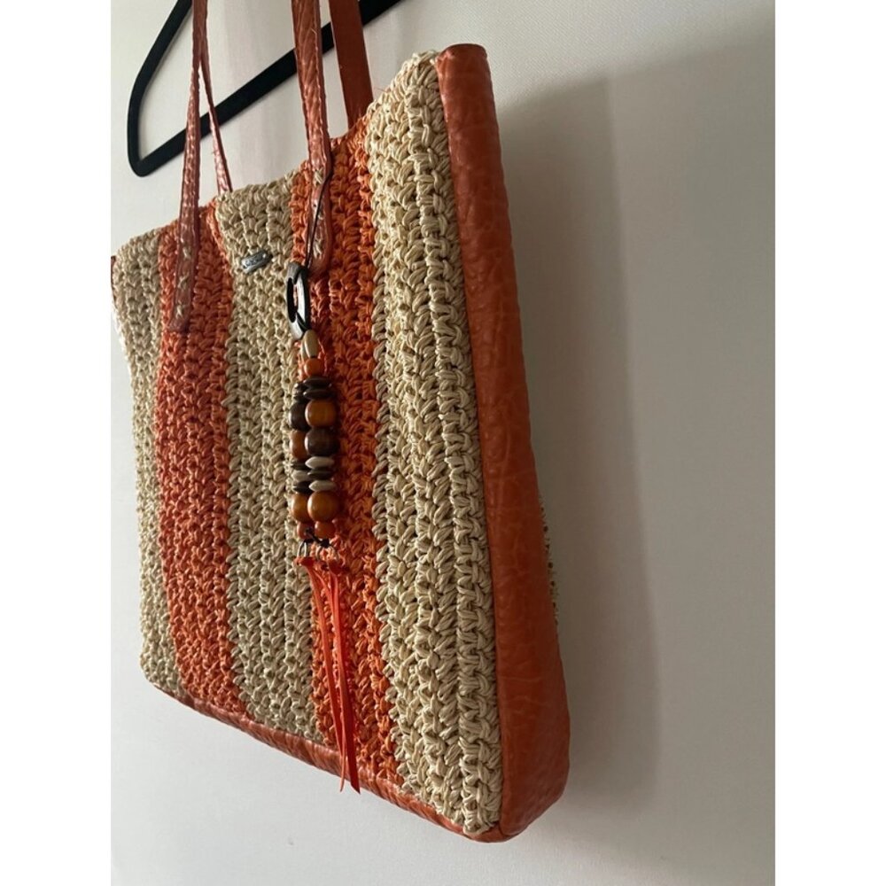 Sun N' Sand Womens Orange & Beige Beach Chic Crochet Shoulder Tote Bag - Picture 4 of 13